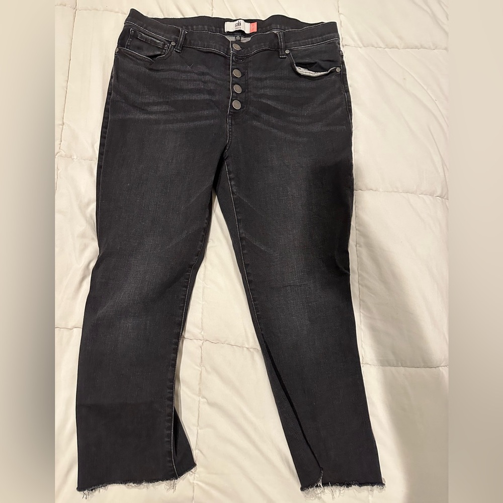 Black CAbi button fly.  Size 14.  Cropped and frayed.
